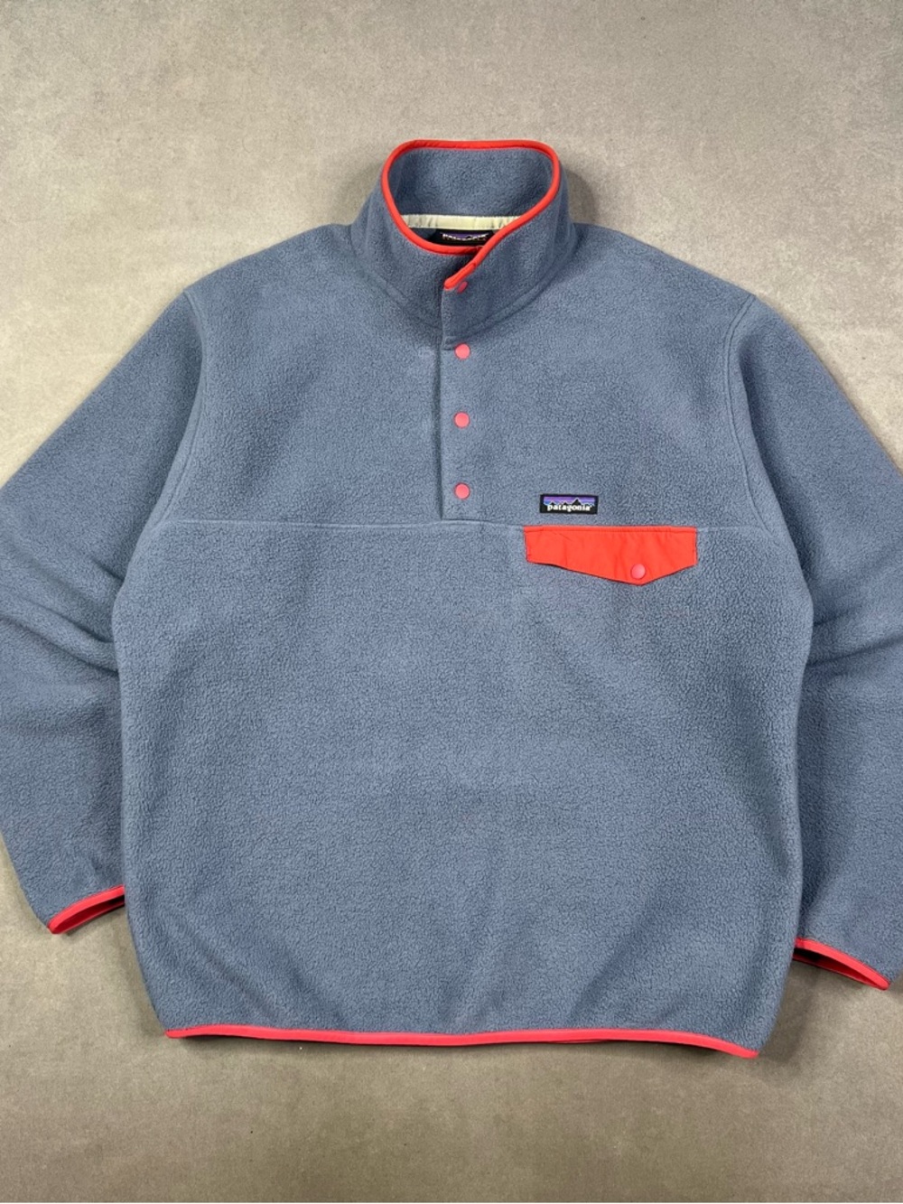 Patagonia Slate Blue Fleece Pullover with Coral Trim